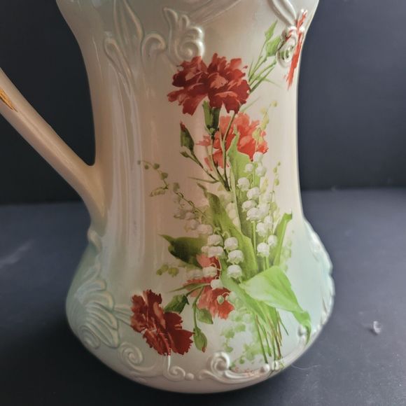 Vtg Pitcher Grandma Core Pitcher Vase Signed RS Prussia Gold Blue 9" Red Floral - Picture 9 of 14